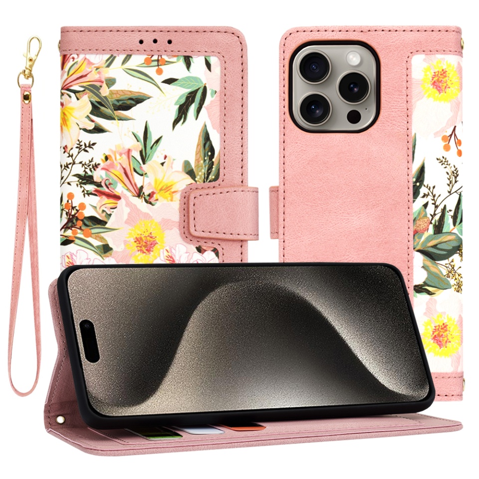 Husa pentru iPhone 15 Pro Max, SKYDDAR INNOVATION, Floral Wallet, din Piele Ecologică cu Design Floral, Protecție 360°, Stand Integrat, Buzunare pentru Carduri, Roz, set cu sticker