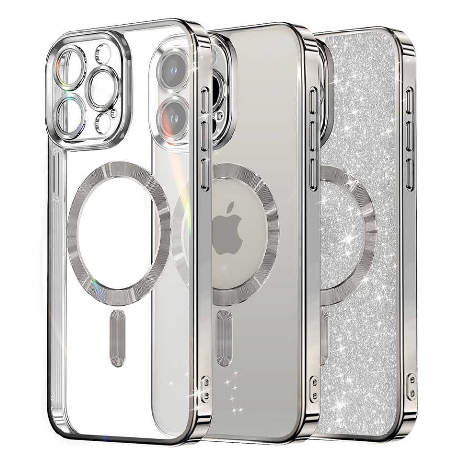 Husa pentru iPhone 15 Pro Max, SKYDDAR INNOVATION, Luxury Glitter Magsafe, Antisoc, Fundal Detasabil 2-in-1, Protectie Superioara, Margini Ridicate, Argintiu, set cu sticker