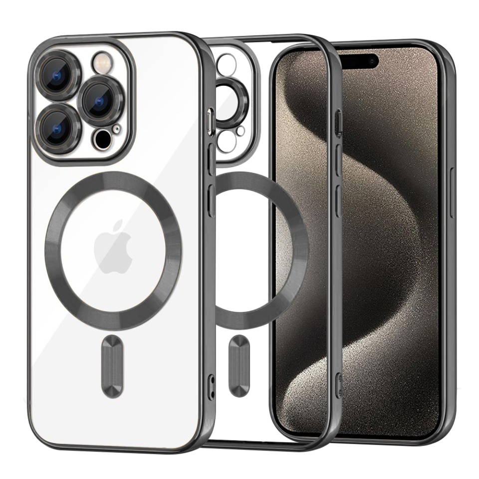 Husa pentru iPhone 15 Pro Max, SKYDDAR INNOVATION, Luxury Shield Magsafe, Protectie Antisoc, Negru, set cu sticker