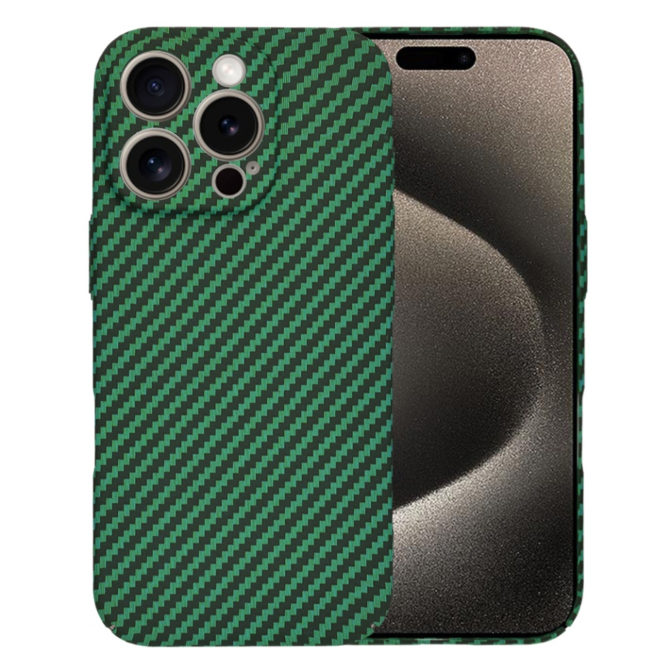 Husa pentru iPhone 15 Pro Max, SKYDDAR INNOVATION, textura carbon, Carbonite FiberShell, Verde, set cu sticker