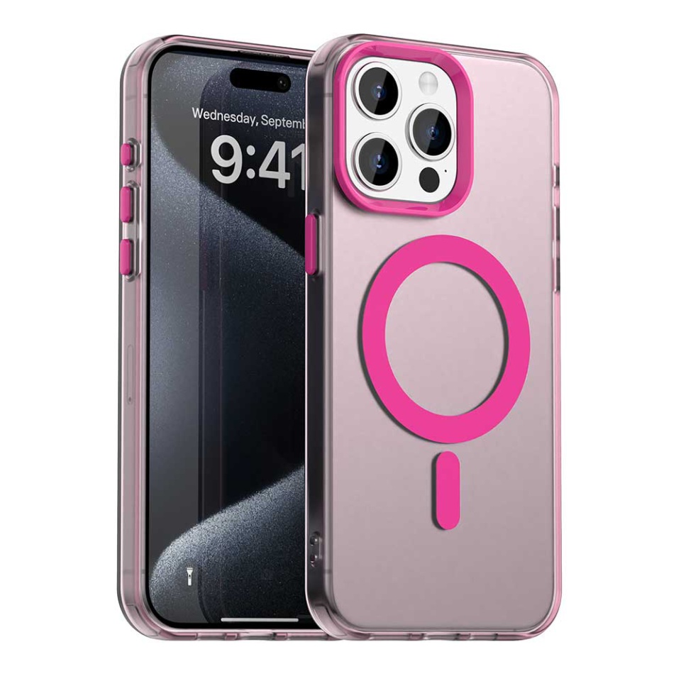 Husa pentru iPhone 15 Pro Max, SKYDDAR INOVATION, CandyCase, Magsafe, set cu sticker, Roz