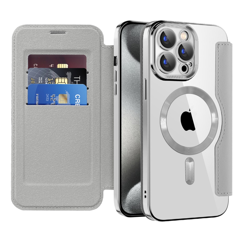 Husa pentru iPhone 15 Pro Max tip carte, SKYDDAR INOVATION, SmartMag Book, Magsafe, RFiD, Suport Carduri, set cu sticker, Gri