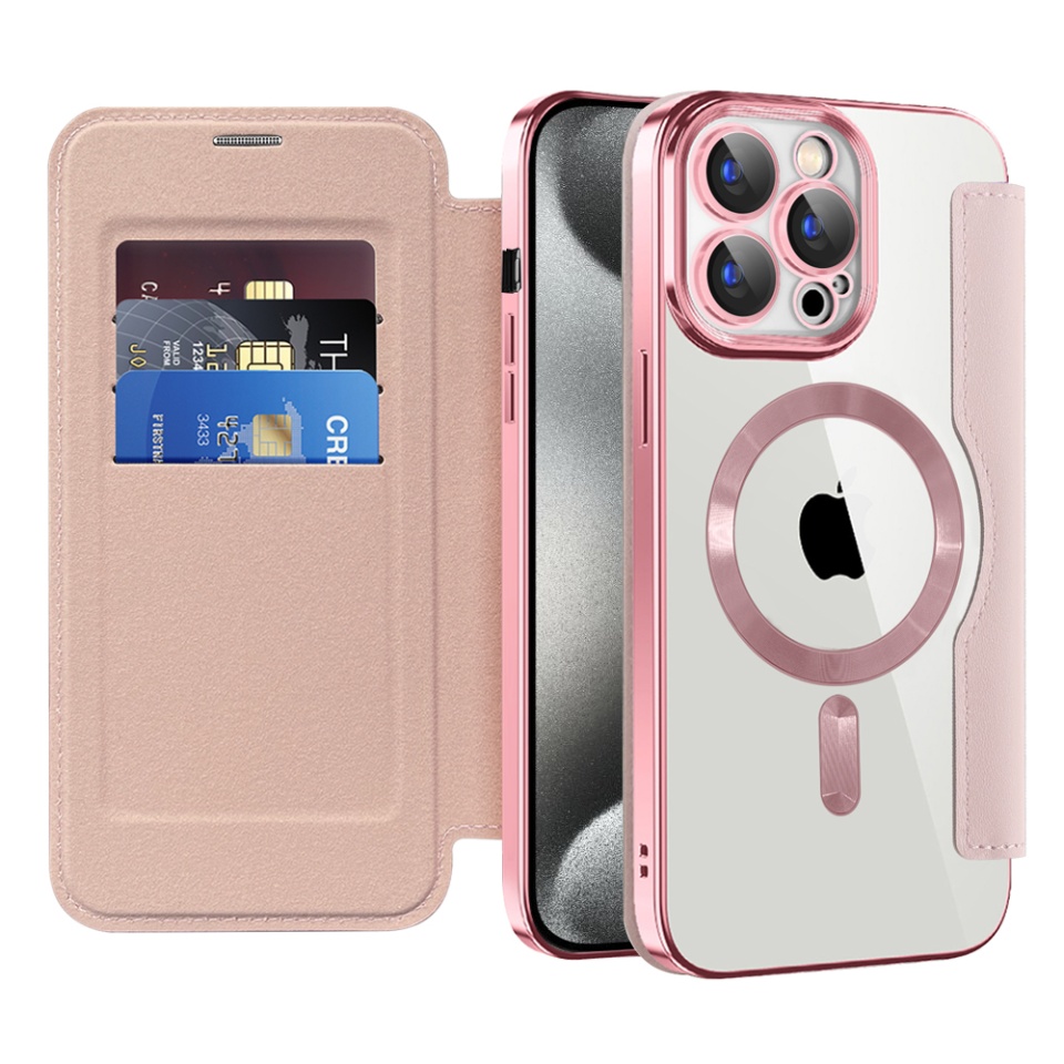 Husa pentru iPhone 15 Pro Max tip carte, SKYDDAR INOVATION, SmartMag Book, Magsafe, RFiD, Suport Carduri, set cu sticker, Roz