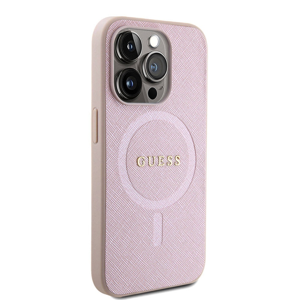 Husa pentru iPhone 15 Pro Saffiano MagSafe, Guess - Roz - 2 | YEO