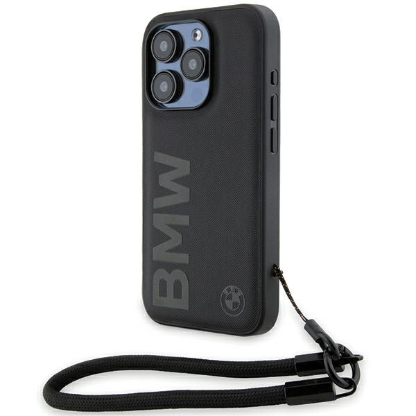 Husa pentru iPhone 15 Pro, Signature Leather Wordmark Cord, BMW - Negru mat