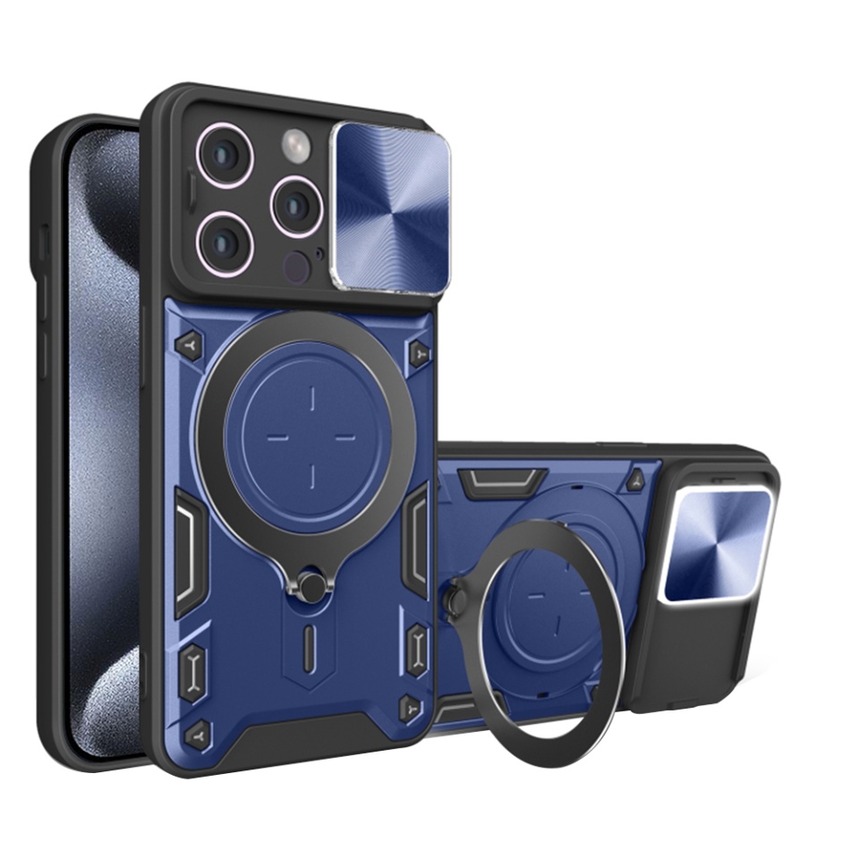 Husa pentru iPhone 15 Pro, SKYDDAR INNOVATION, CamGuard Pro, Inel Magnetic, Protectie Camera, Albastru, set cu sticker