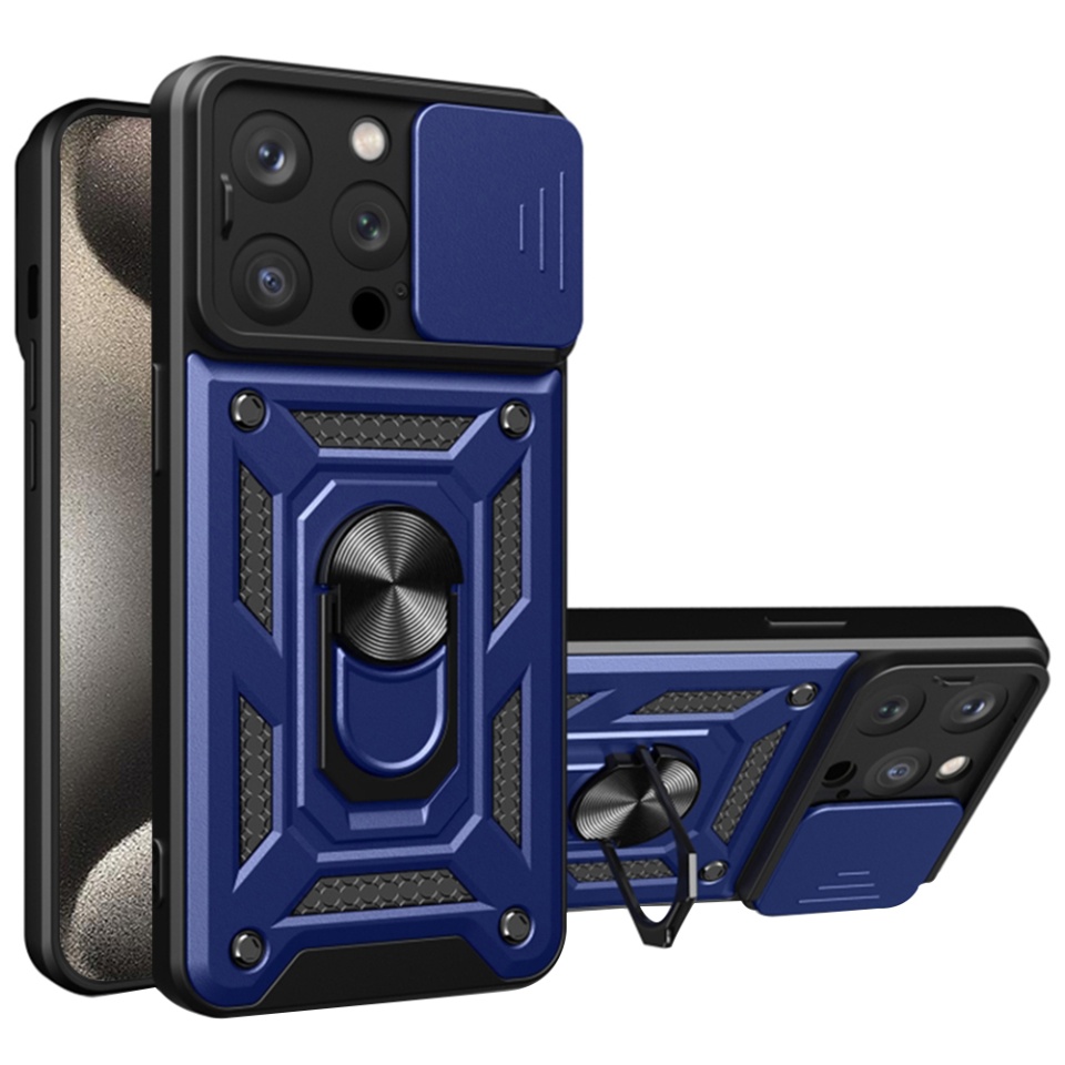 Husa pentru iPhone 15 Pro, SKYDDAR INNOVATION, CamShield, Albastru, set cu sticker