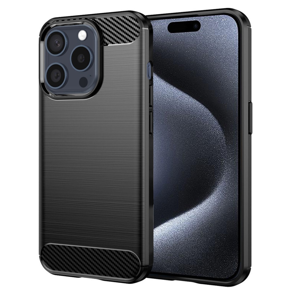 Husa pentru iPhone 15 Pro, SKYDDAR INNOVATION, Carbon Silicone, din Silicon Premium, Slim, cu textura Fibra Carbon, Negru, set cu sticker