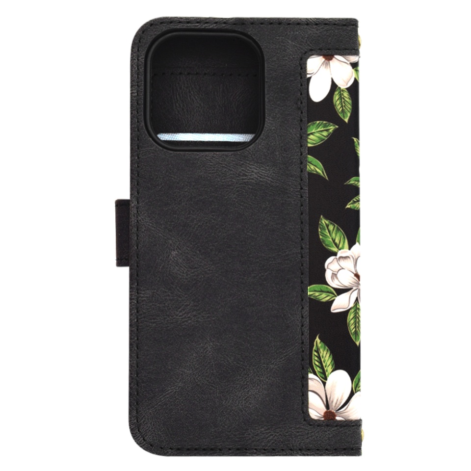 Husa pentru iPhone 15 Pro, SKYDDAR INNOVATION, Floral Wallet, din Piele Ecologică cu Design Floral, Protecție 360°, Stand Integrat, Buzunare pentru Carduri, Negru, set cu sticker - 2 | YEO
