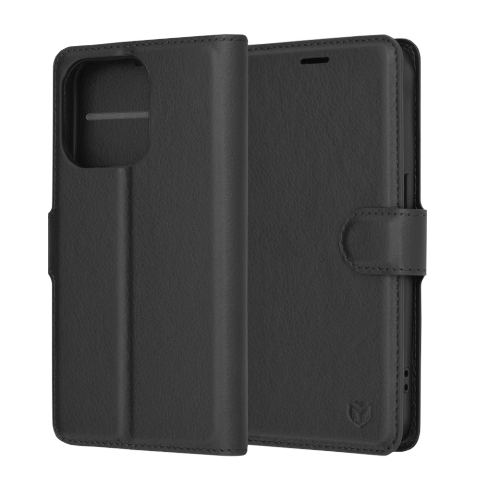 Husa pentru iPhone 15 Pro, SKYDDAR INNOVATION, Leather Folio, tip Carte, cu Portofel Interior, Finisaje Premium, Negru, set cu sticker