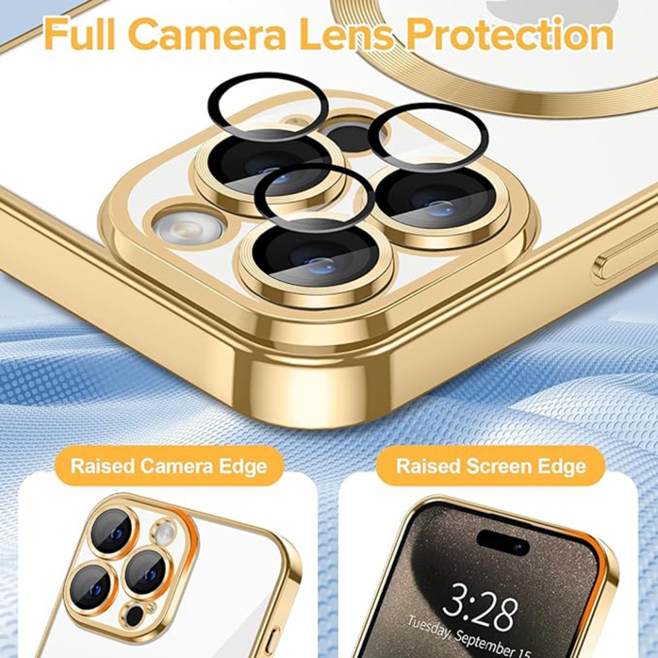 Husa pentru iPhone 15 Pro, SKYDDAR INNOVATION, Luxury Shield Magsafe, Protectie Antisoc, Auriu, set cu sticker - 3 | YEO