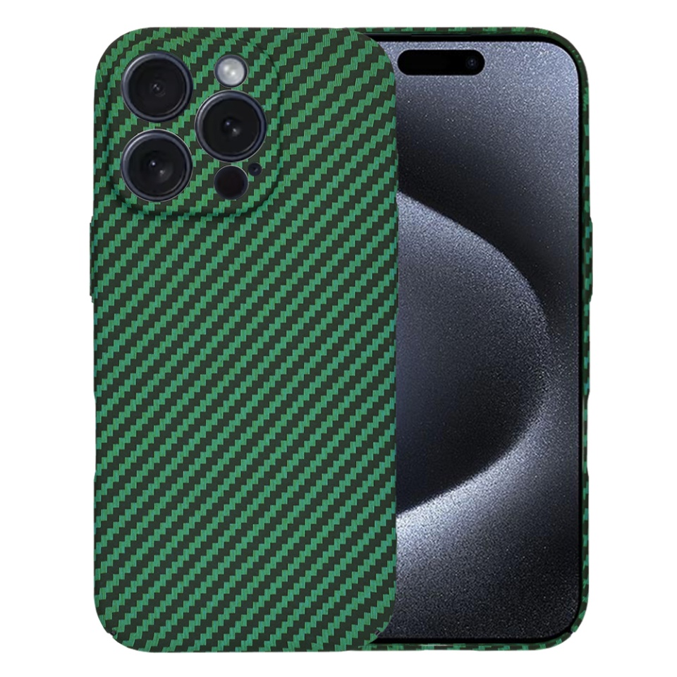 Husa pentru iPhone 15 Pro, SKYDDAR INNOVATION, textura carbon, Carbonite FiberShell, Verde, set cu sticker
