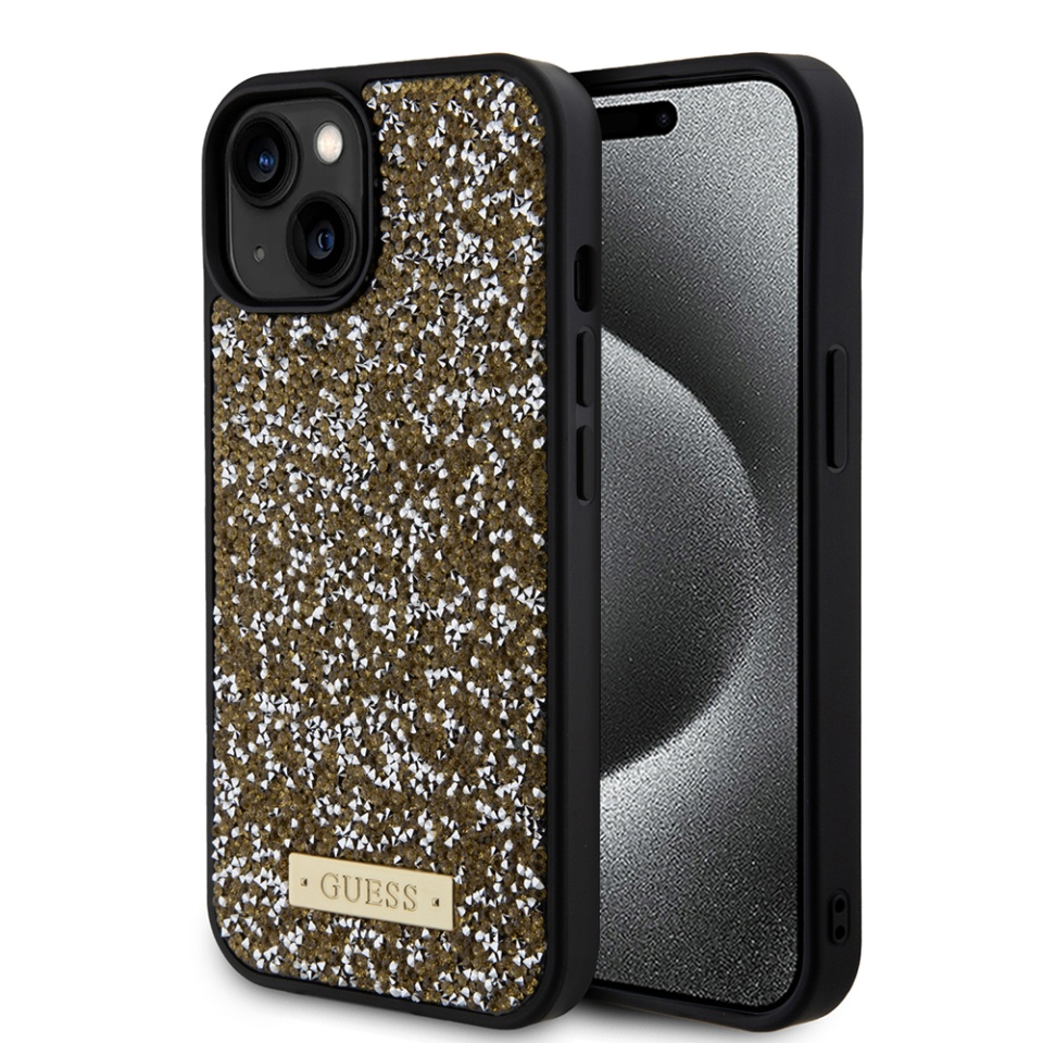 Husa pentru iPhone 15, Rhinestone Metal Logo, Guess, Galben