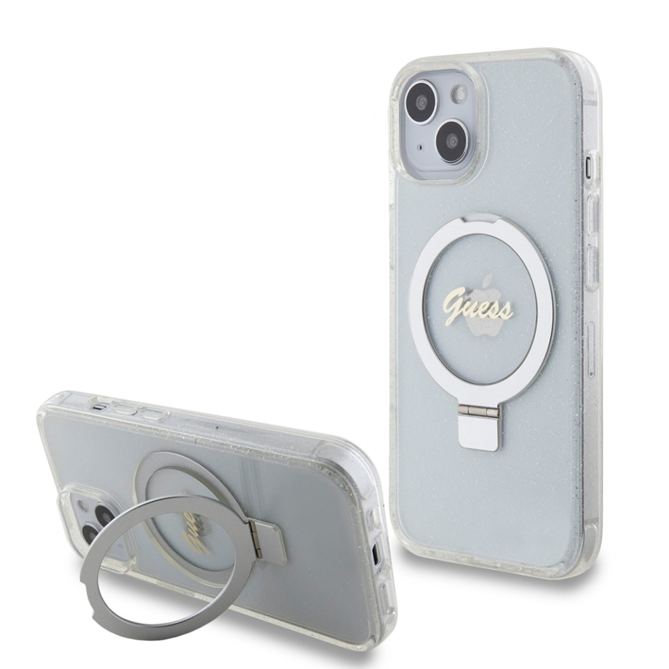 Husa pentru iPhone 15 Ring Stand Script Glitter, Guess - Transparent