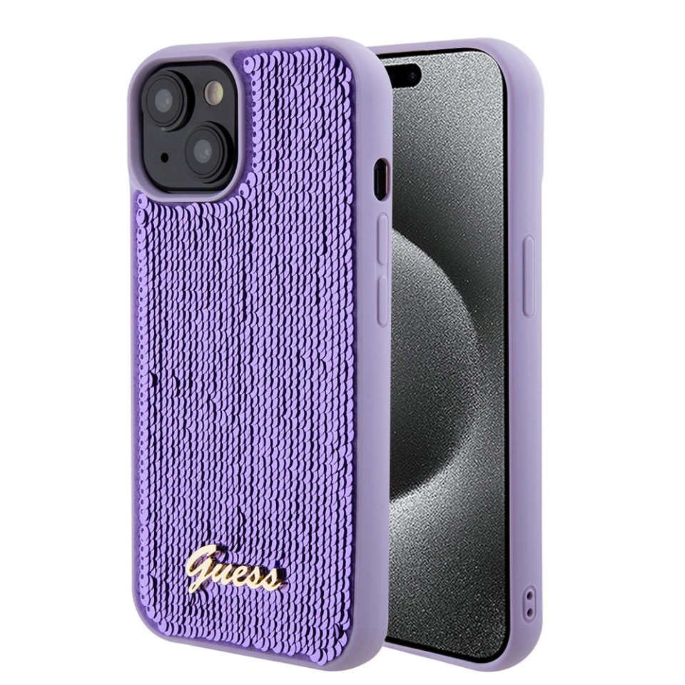 Husa pentru iPhone 15, Sequin Script Metal, Guess - Mov
