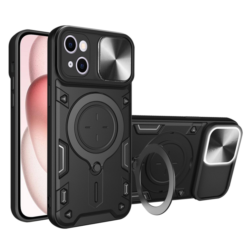 Husa pentru iPhone 15, SKYDDAR INNOVATION, CamGuard Pro, Inel Magnetic, Protectie Camera, Negru, set cu sticker