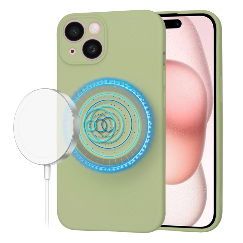 Husa pentru iPhone 15, SKYDDAR INNOVATION, din Silicon Catifelat, SoftFlex Magsafe, Verde, set cu sticker