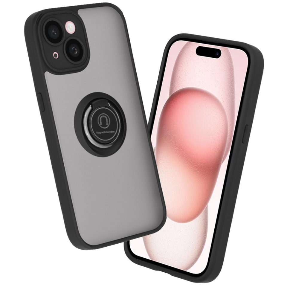 Husa pentru iPhone 15, SKYDDAR INNOVATION, Glinth+ cu Inel Rotativ 360°, Compatibilitate Magnetica, Negru, set cu sticker