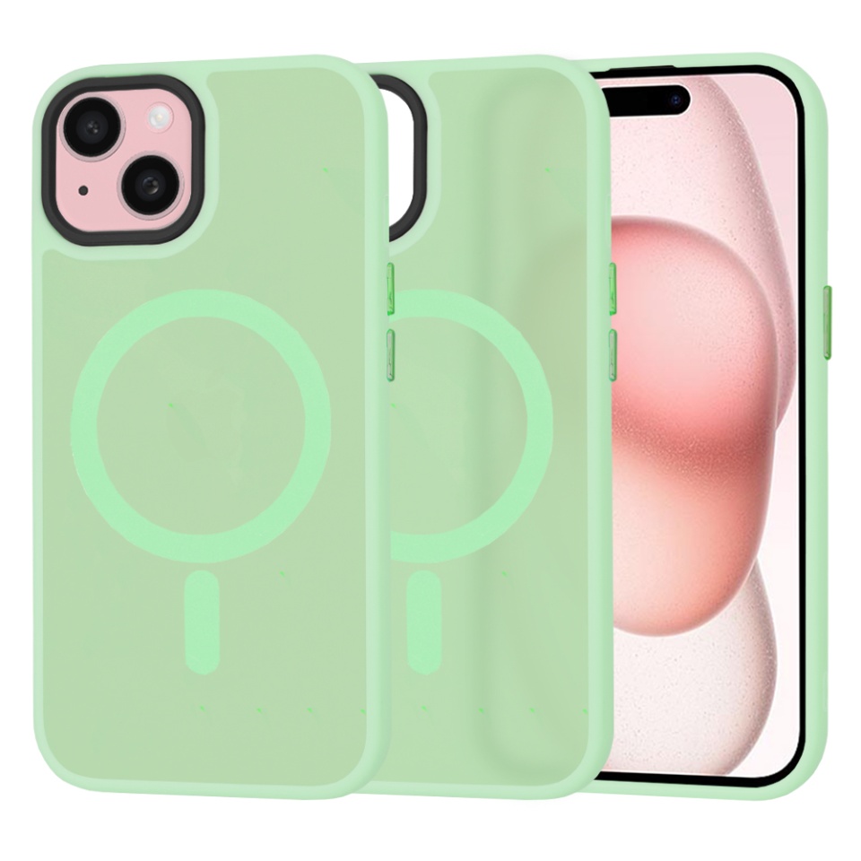 Husa pentru iPhone 15, SKYDDAR INNOVATION, HaloFrost MagSafe, Antisoc, set cu sticker, Verde deschis