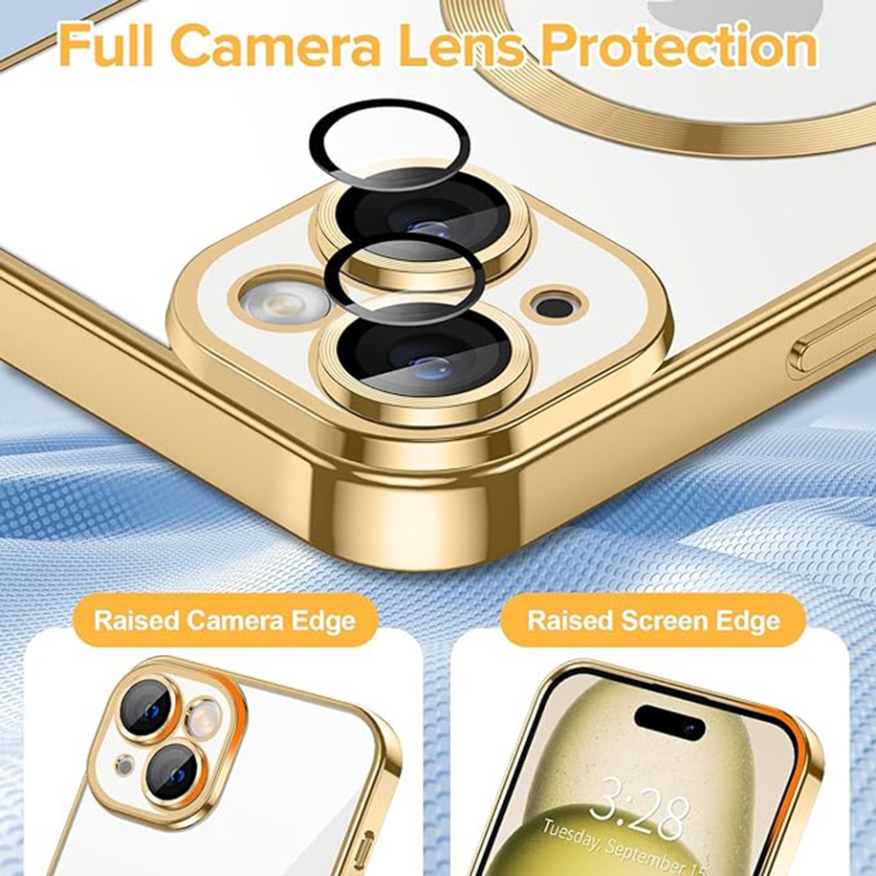 Husa pentru iPhone 15, SKYDDAR INNOVATION, Luxury Shield Magsafe, Protectie Antisoc, Auriu, set cu sticker - 3 | YEO
