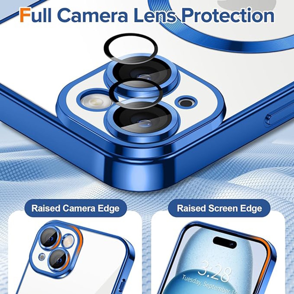 Husa pentru iPhone 15, SKYDDAR INNOVATION, Luxury Shield Magsafe, Protectie Antisoc, Albastru, set cu sticker - 3 | YEO