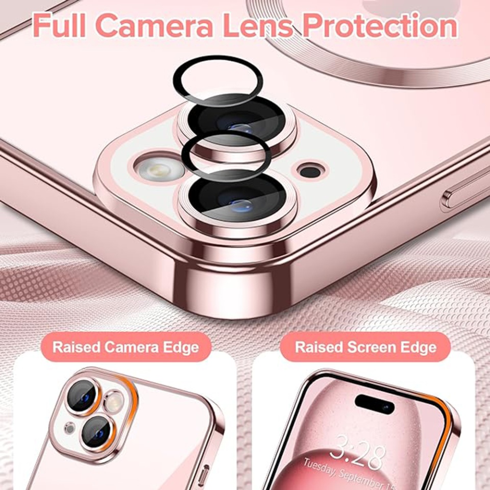 Husa pentru iPhone 15, SKYDDAR INNOVATION, Luxury Shield Magsafe, Protectie Antisoc, Roz, set cu sticker - 3 | YEO