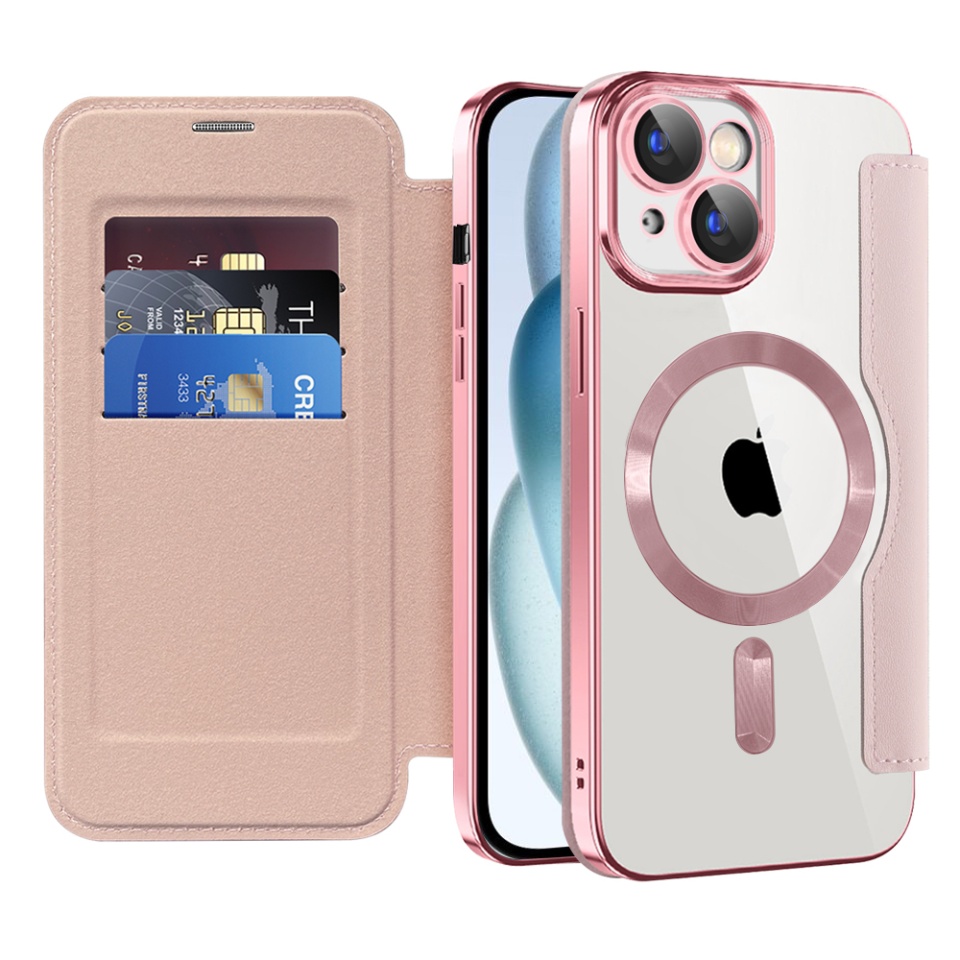 Husa pentru iPhone 15 tip carte, SKYDDAR INOVATION, SmartMag Book, Magsafe, RFiD, Suport Carduri, set cu sticker, Roz
