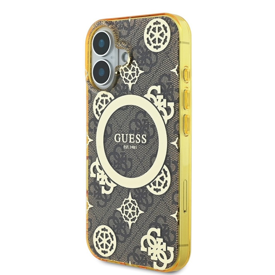 Husa pentru iPhone 16, Guess MagSafe Denim Pattern, Compatibila, Cadru Silicon, Logo Auriu, Design Slim, Maro - 2 | YEO