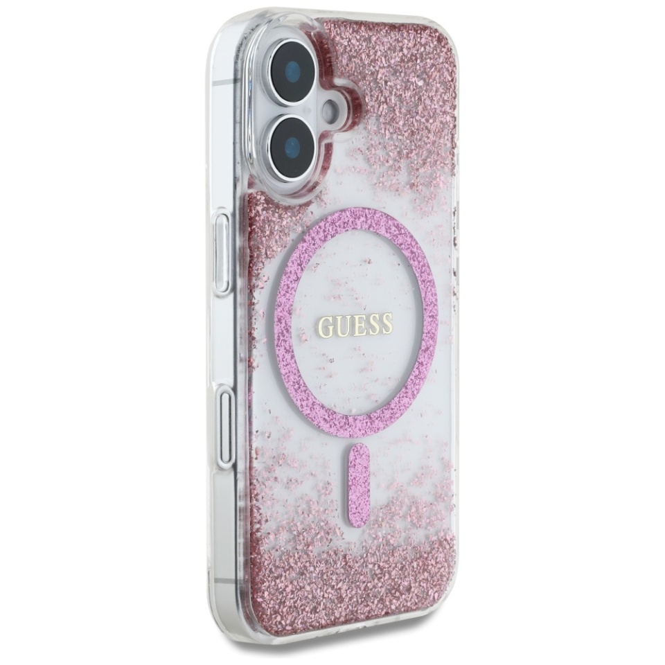 Husa pentru iPhone 16, Hardcase Resin Bottom Glitter MagSafe, Guess - Roz - 3 | YEO
