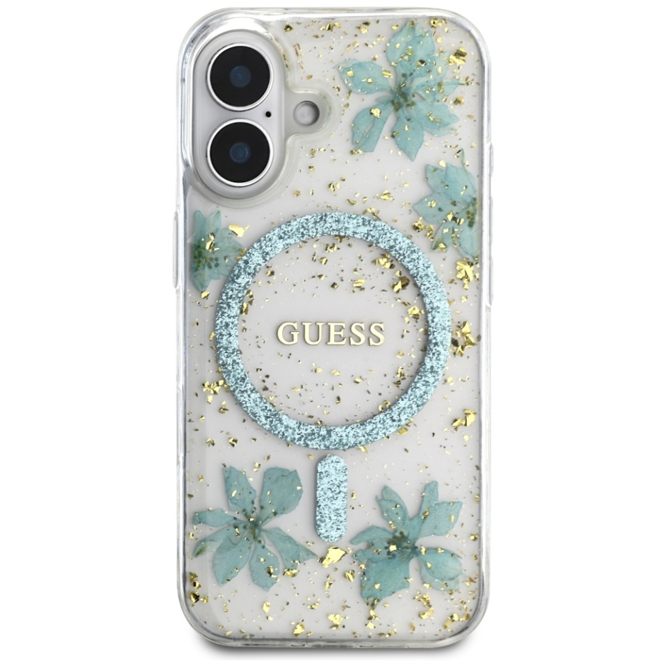 Husa pentru iPhone 16, Hardcase Resin Flowers and Glitter MagSafe, Guess - Turcoaz - 1 | YEO