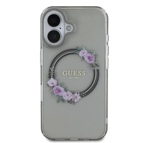 Husa pentru iPhone 16, IML Flowers Wreath MagSafe, Guess - Negru - 2 | YEO