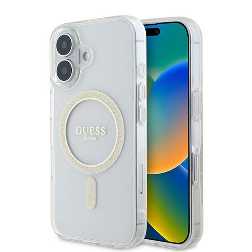 Husa pentru iPhone 16 IML Glitter Circle MagSafe, Guess - Transparenta