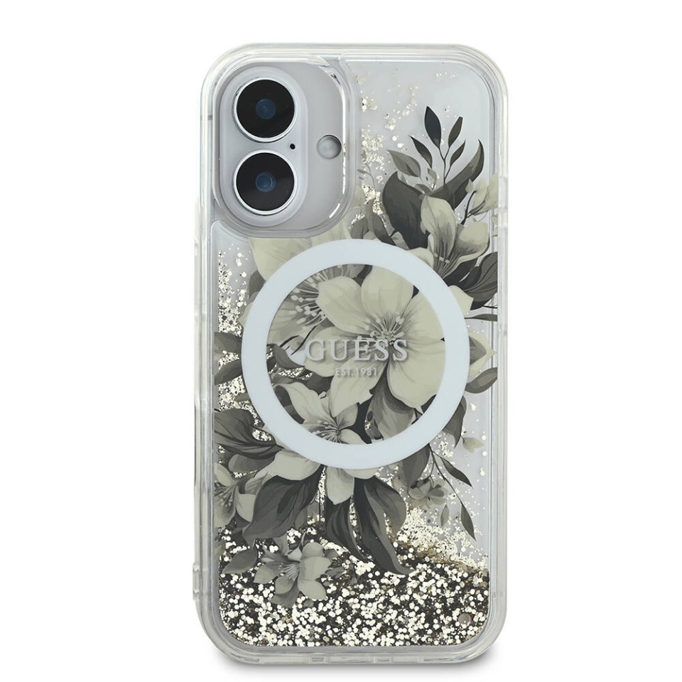 Husa pentru iPhone 16 Liquid Glitter Flower MagSafe, Guess - Bej - 2 | YEO