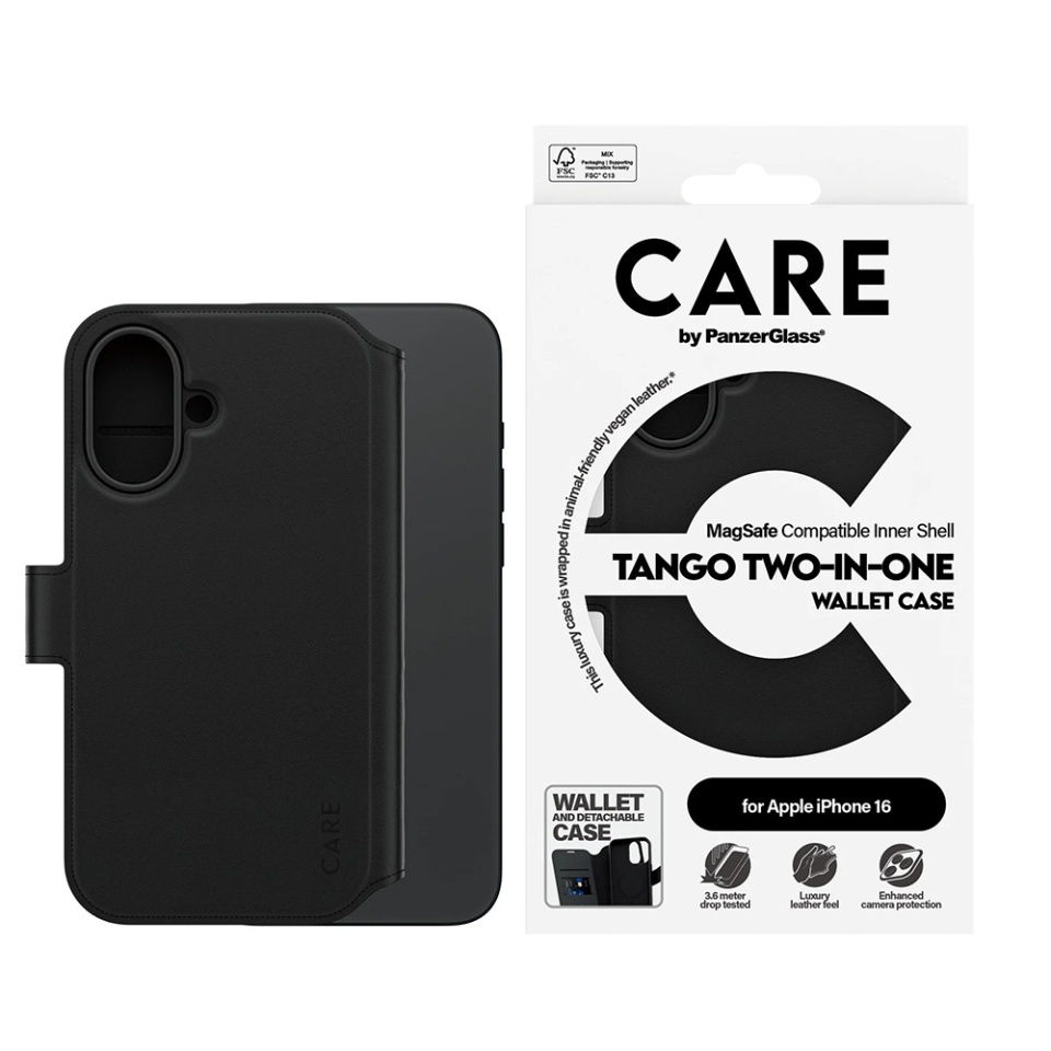 Husa pentru iPhone 16, PanzerGlass, CARE Feature MagSafe Case Tango Two-in-One Wallet, Tip Carte Detasabila 2in1 cu Portofel si Prindere Magnetica, Piele Ecologica, Antisoc, Negru - 2 | YEO