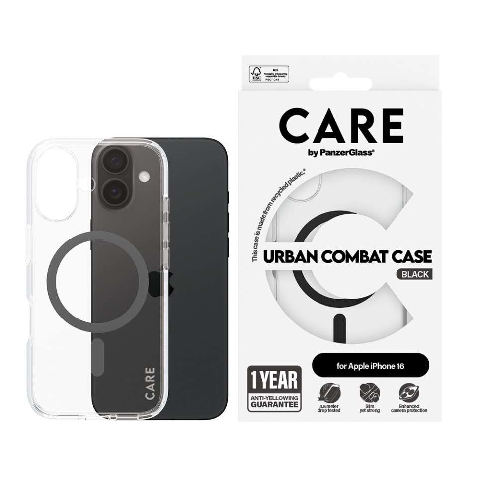 Husa pentru iPhone 16, PanzerGlass, CARE Flagship Urban Combat Black MagSafe, Anti-Soc 4.8m, Anti-Ingalbenire, Design Slim, Compatibila MagSafe, Transparenta - 3 | YEO