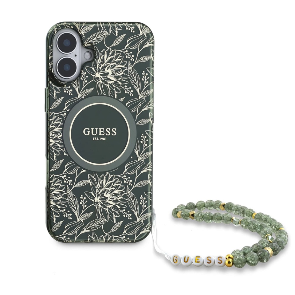 Husa pentru iPhone 16 Plus, IML Flowers Allover Electro With Pearl Strap MagSafe, Guess - Verde - 2 | YEO