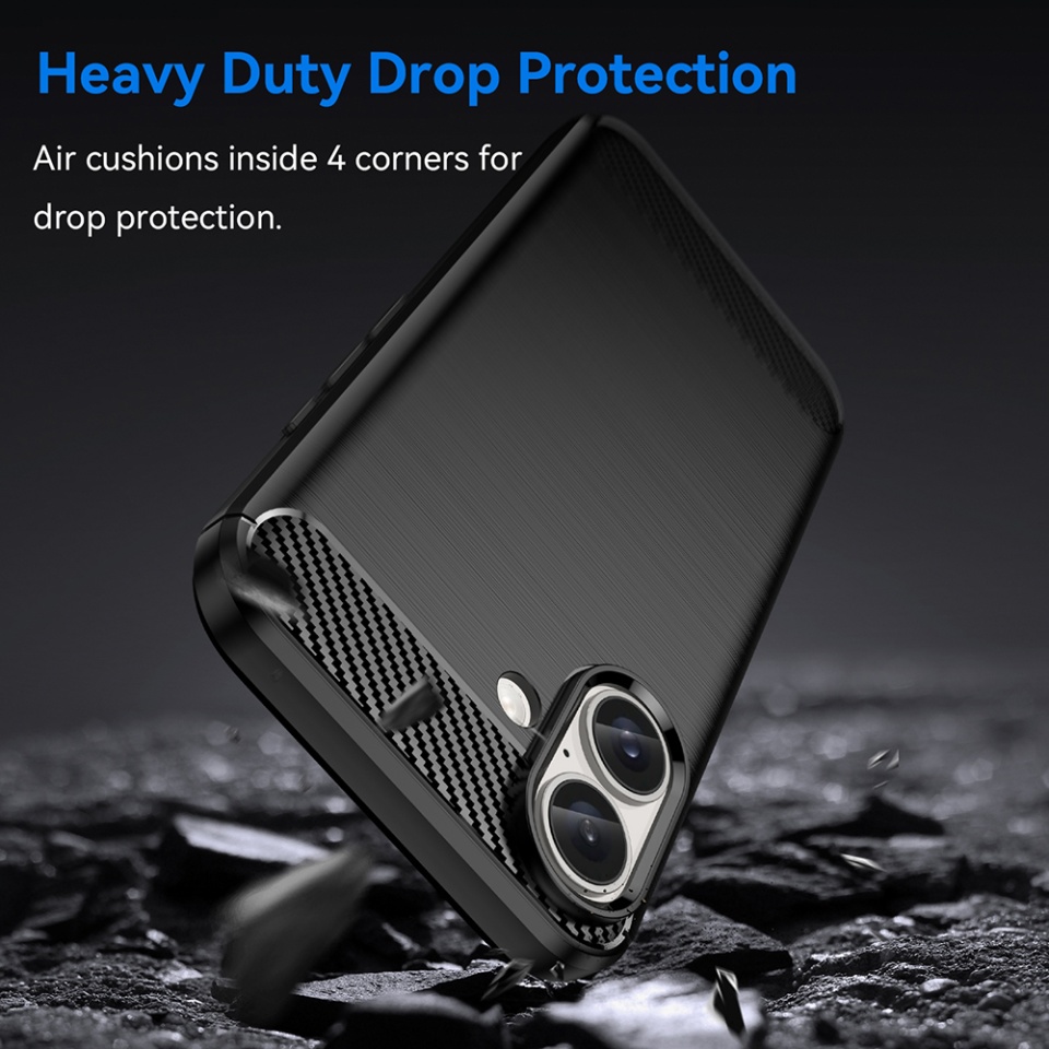 Husa pentru iPhone 16 Plus, SKYDDAR INNOVATION, Carbon Silicone, din Silicon Premium, Slim, cu textura Fibra Carbon, Negru, set cu sticker - 3 | YEO