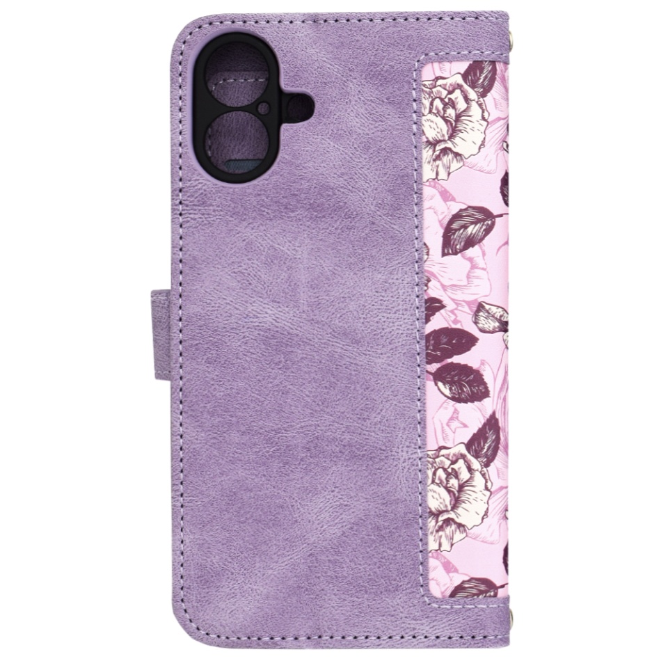 Husa pentru iPhone 16 Plus, SKYDDAR INNOVATION, Floral Wallet, din Piele Ecologică cu Design Floral, Protecție 360°, Stand Integrat, Buzunare pentru Carduri, Mov, set cu sticker - 1 | YEO