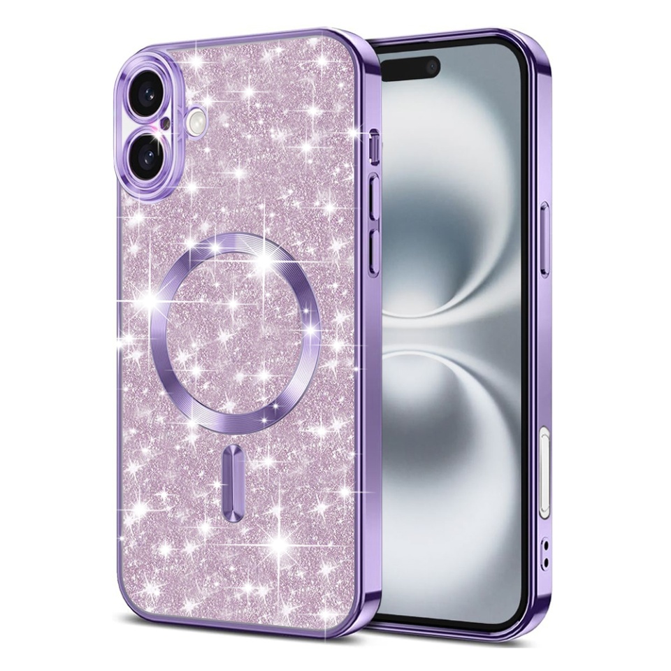 Husa pentru iPhone 16 Plus, SKYDDAR INNOVATION, Luxury Glitter Magsafe, Antisoc, Fundal Detasabil 2-in-1, Protectie Superioara, Margini Ridicate, Mov deschis, set cu sticker