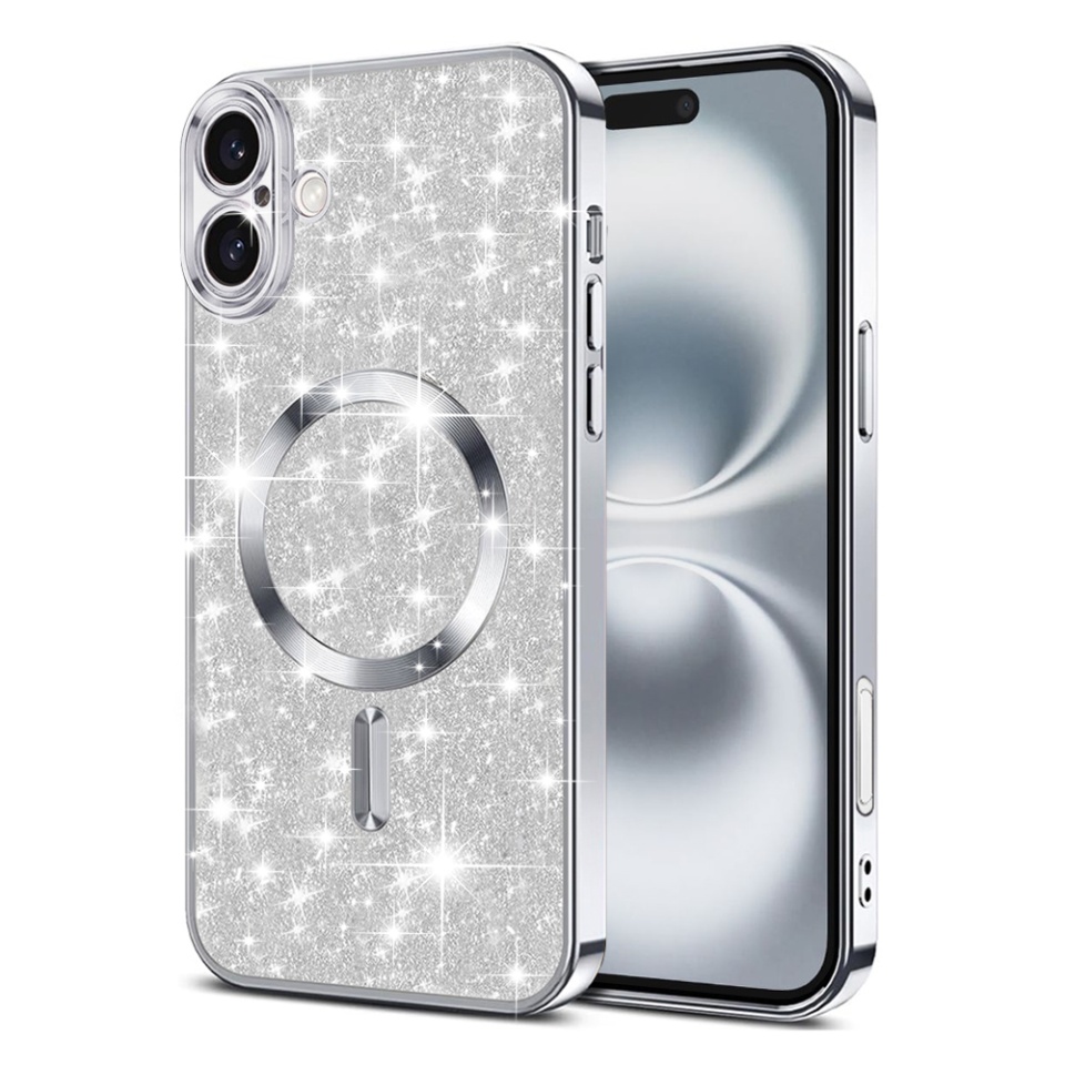 Husa pentru iPhone 16 Plus, SKYDDAR INNOVATION, Luxury Glitter Magsafe, Antisoc, Fundal Detasabil 2-in-1, Protectie Superioara, Margini Ridicate, Argintiu, set cu sticker