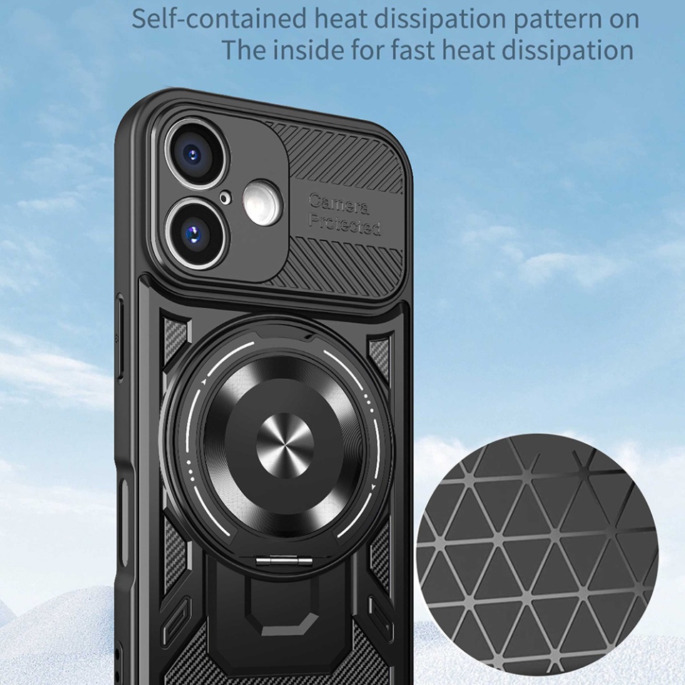 Husa pentru iPhone 16 Plus, SKYDDAR INNOVATION, RuggedCam, Inel magnetic antisoc, set cu sticker, Gri - 3 | YEO