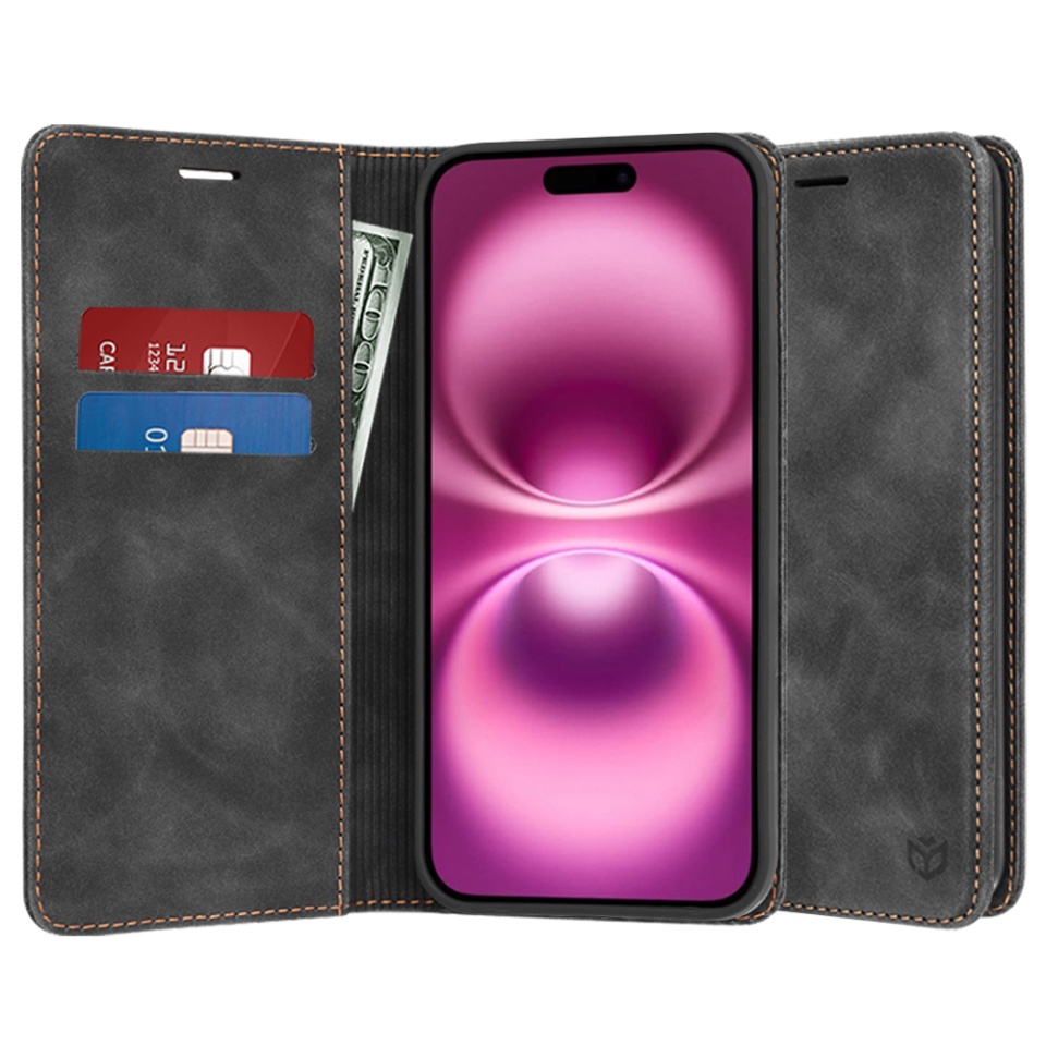 Husa pentru iPhone 16 Plus, SKYDDAR INNOVATION, Soft Wallet, tip Carte din piele Eco Premium, cu Portofel Interior, Negru, set cu sticker