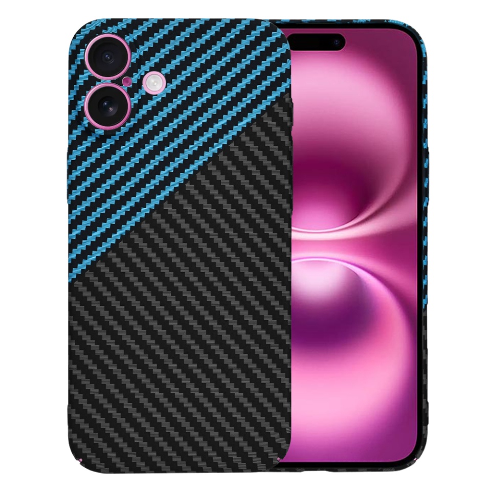 Husa pentru iPhone 16 Plus, SKYDDAR INNOVATION, textura carbon, Carbonite FiberShell, Bleu, set cu sticker