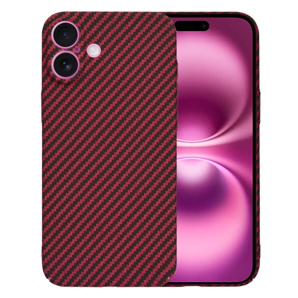 Husa pentru iPhone 16 Plus, SKYDDAR INNOVATION, textura carbon, Carbonite FiberShell, Rosu, set cu sticker