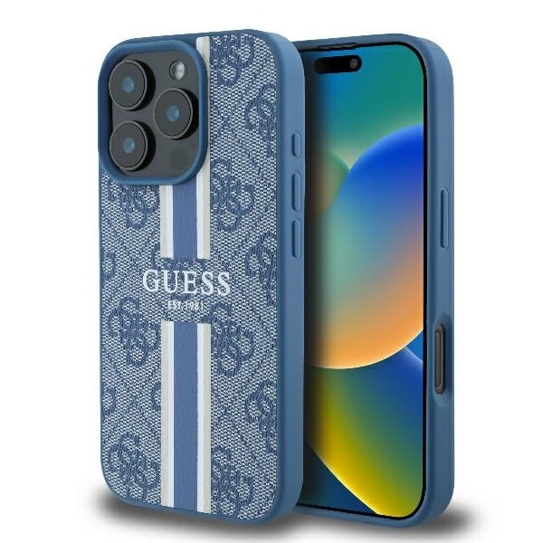 Husa pentru iPhone 16 Pro, Guess, Hardcase 4G Printed Stripes MagSafe, Albastru