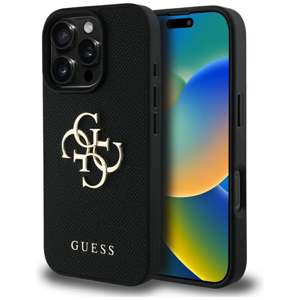 Husa pentru iPhone 16 Pro, Guess, Hardcase Grained Big 4G Logo Small Classic Logo, Protectie Slim, Negru