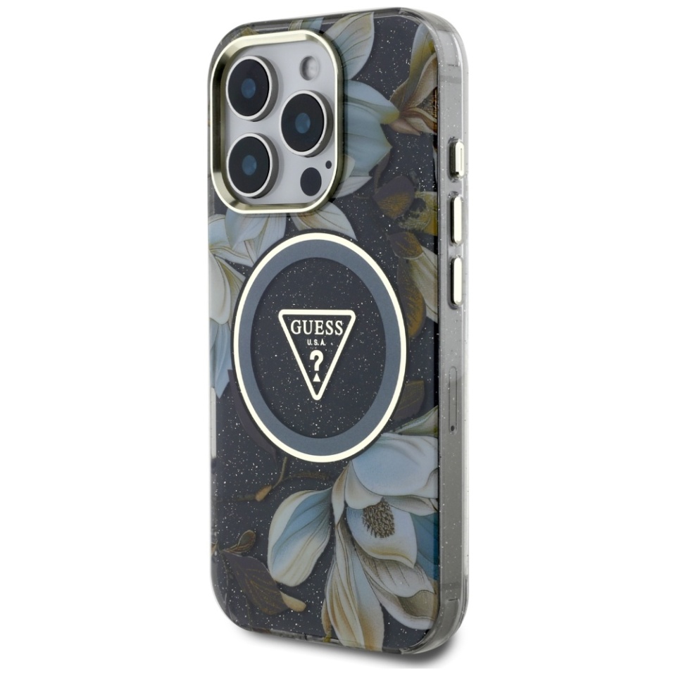 Husa pentru iPhone 16 Pro, IML Flowers with Pearl Strap MagSafe, Guess - Negru - 2 | YEO