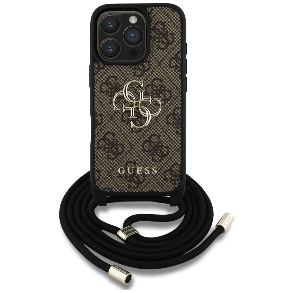 Husa pentru iPhone 16 Pro Max, Guess Hardcase 4G Big Logo with Cord Strap, Protectie Slim, Compatibila, Maro