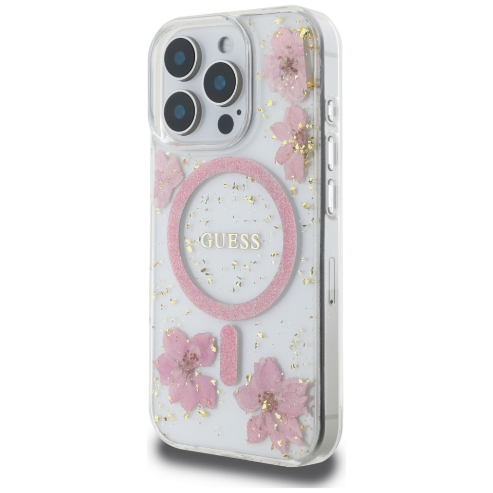 Husa pentru iPhone 16 Pro Max, Hardcase Resin Flowers and Glitter MagSafe, Guess - Roz - 3 | YEO