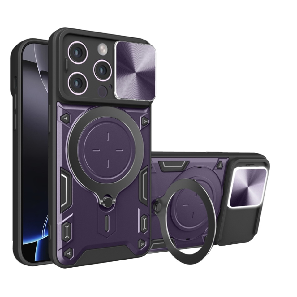 Husa pentru iPhone 16 Pro Max, SKYDDAR INNOVATION, CamGuard Pro, Inel Magnetic, Protectie Camera, Mov, set cu sticker